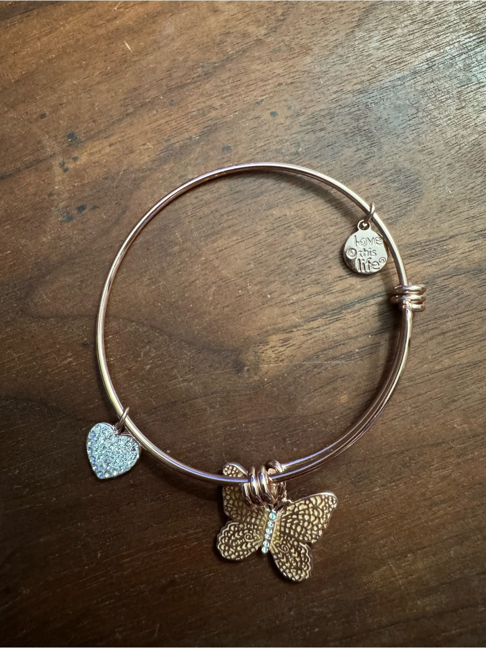 Love this Life Rose Gold Toned Butterly Crystal Heart Dangle Bangle Bracelet